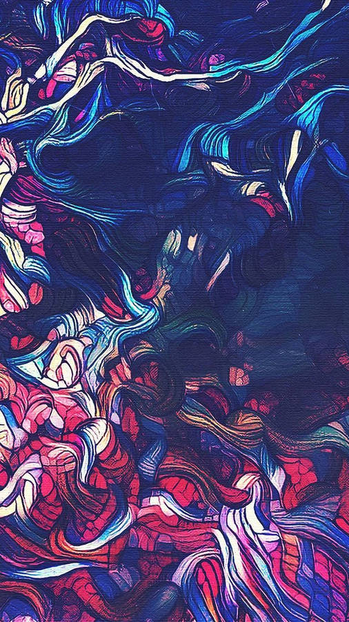 Abstract swirling artwork with flowing ribbon-like patterns in deep blue, pink, red, and white tones, an analog film photograph with visible grain.