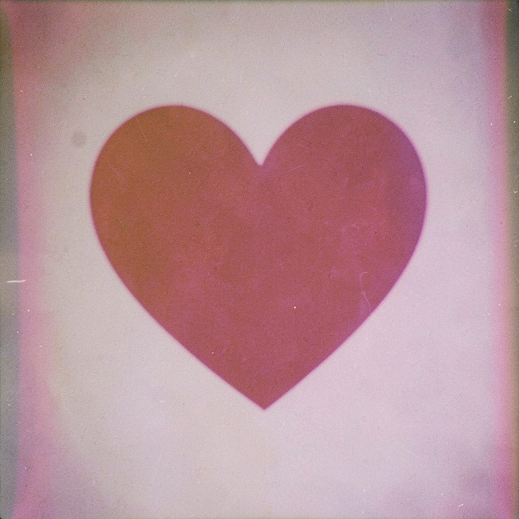 Grainy film photograph of a heart-shaped arrangement of dried botanicals in warm earthy reds and browns